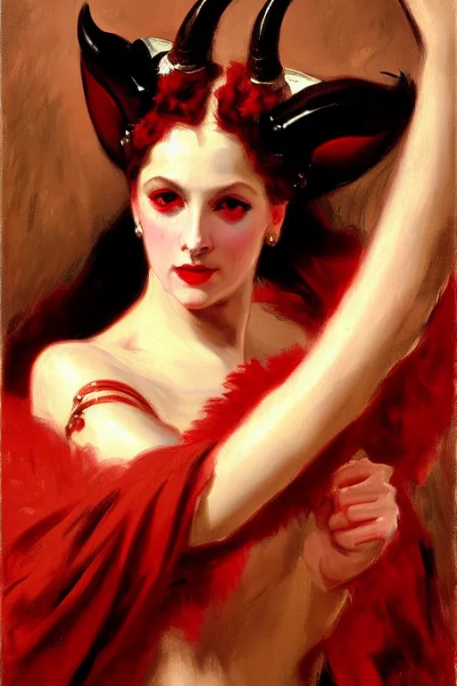 Image similar to painted close - up portrait of a attractive red - skinned intimidating demon girl with ram horns! oil painting, wearing a noblewoman's outfit, fantasy art by john singer sargent and gaston bussiere, demon noble character design, hd