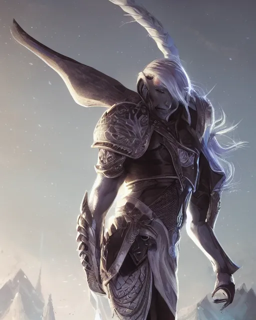 Prompt: male drow, undercut loose white braid, beautiful super detailed, light armor with silver accenting, 8 k, filmic, octane render, sunlight, tavern background, artstation, greg rutkowski, rossdraws, sharp focus