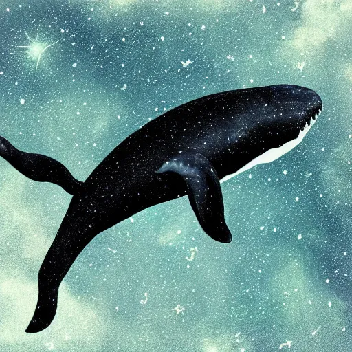 Image similar to portrait of space whale swimming on a dark night sky in space, flying across the universe, oniric, dreamy, beautiful, highly detailed, realistic, cinematic, dynamic composition