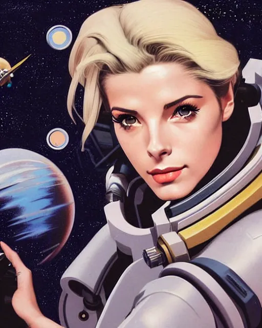 Image similar to mercy from overwatch, ashley greene's face combined with grace kelly's face, in space, character portrait, portrait, close up, concept art, intricate details, highly detailed, vintage sci - fi poster, retro future, vintage sci - fi art, vintage, in the style of chris foss, rodger dean, moebius, michael whelan, and gustave dore