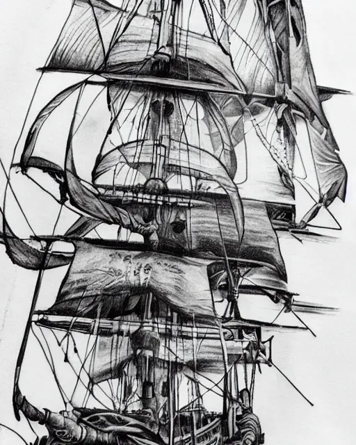 Image similar to A tattoo design on paper of a pirate ship, on paper, black and white, highly detailed tattoo, realistic tattoo, realism tattoo