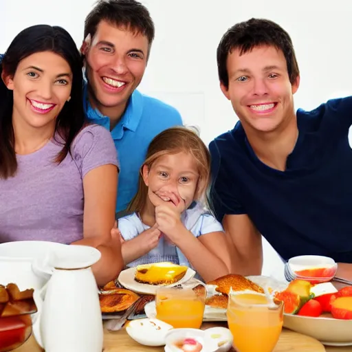 Prompt: stock photo of a perfectly normal happy family eating breakfast