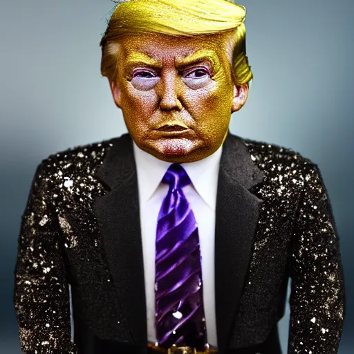 Image similar to Donald Trump with silver-violet hair, white eyes and golden glittery dress, wide lens, diorama, 4k,