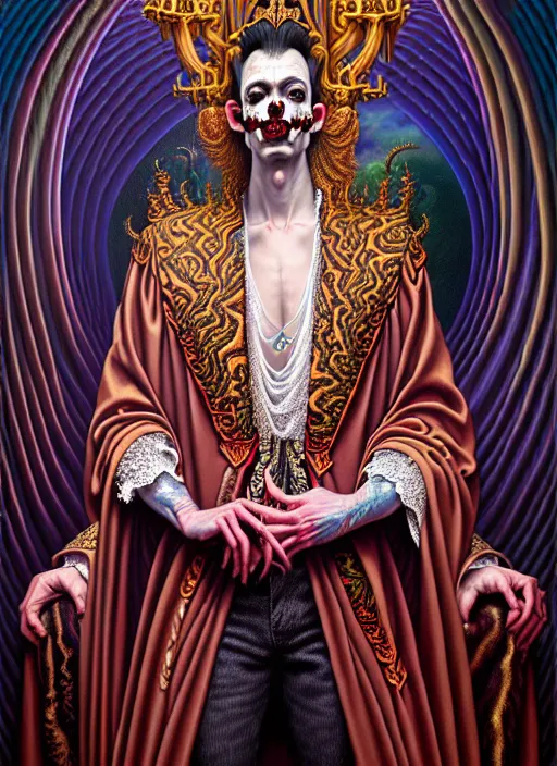 Image similar to beautiful oil painting, full length portrait of vampire dauphinois in baroque coronation robes 1 7 0 1, dan mumford, dan mumford, alex grey, hyacinthe rigaurd, highly detailed, lsd visuals, dmt fractal patterns, visionary art, psychedelic art, ornate, vaporwave, baroque, greg rutkowski