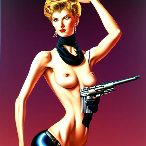 Image similar to mal watson chic lady holding a gun, 1 9 8 0's art, airbrush style, art by hajime sorayama,, intricate, elegant, sharp focus, illustration, highly detailed, h 6 4 0