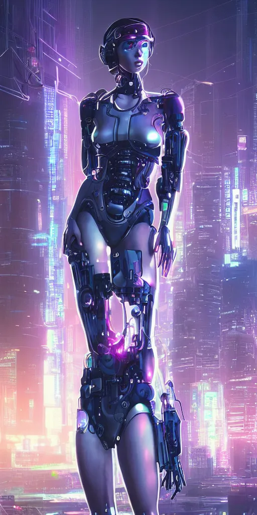 Image similar to beautiful, full-body, young woman, cybernetic, cyberpunk, wires, cables, halo, glow, bladerunner city in the background, detailed gorgeous face, flowing hair, vaporwave aesthetic, synthwave , digital painting, artstation, concept art, smooth, sharp focus, illustration, art by artgerm and greg rutkowski and alphonse mucha