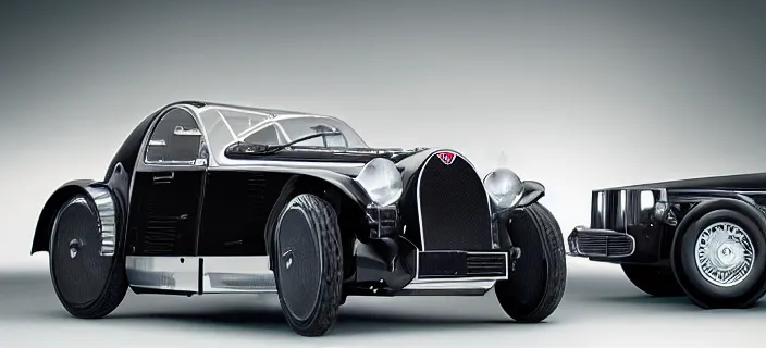 Prompt: a single bugatti type 5 7 sc atlantic and delorean hybrid, dslr, volumetric lighting