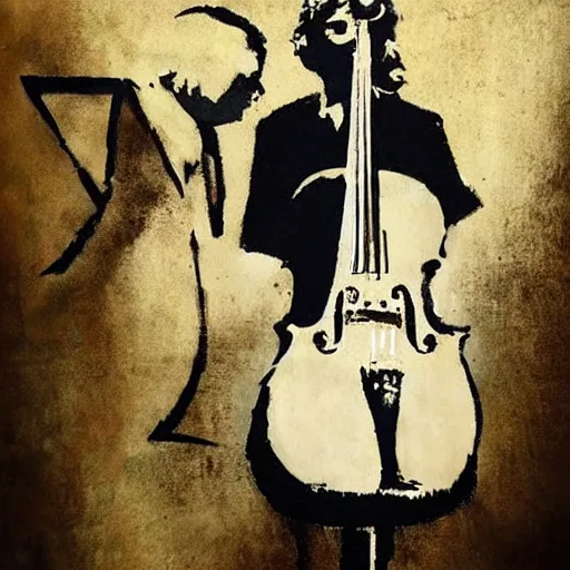 Prompt: cello violin concert art by banksy and frank frazetta