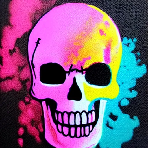 Image similar to a cartoon skull spray painted on a black background with dripping pink spray paint, pixel art, three fourths view, black background!!!!!