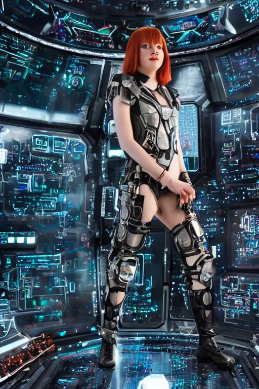 Image similar to emma stone as a cyberpunk warrior wearing armor made out of computer circuits standing on the command deck of a spaceship, cosplay, high resolution film still