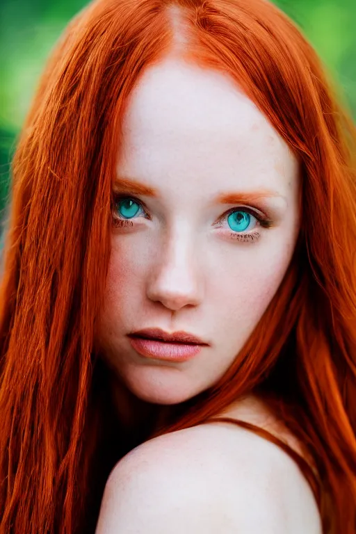 Image similar to a portrait of a redhead beautiful girl, green eyes, highly detailed, 3 5 mm f 1. 4 background silver fir