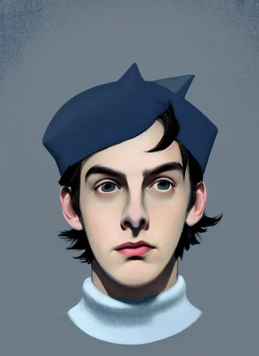 Image similar to portrait of teenage jughead jones wearing a light grey crown, crown, blue turtleneck, 1 9 5 0 s, closed eyes, photorealistic, black hair, glowing lighting, intricate, elegant, glowing lights, highly detailed, digital painting, artstation, concept art, smooth, sharp focus, illustration, art by wlop, mars ravelo and greg rutkowski