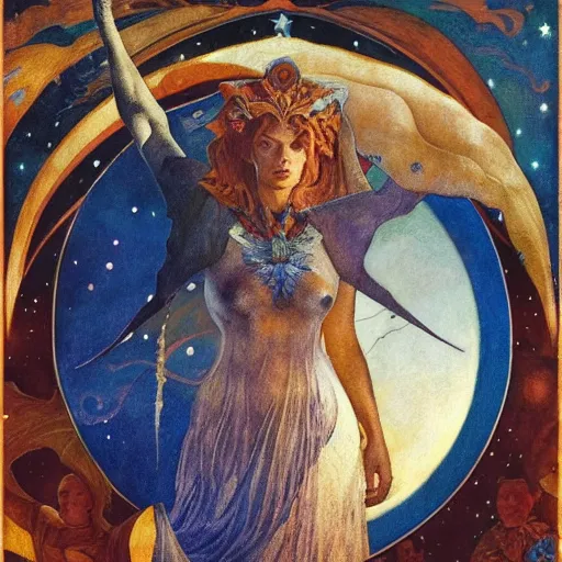 Image similar to queen of the moon with stars in her hair, by annie swynnerton and tino rodriguez and donato giancola and diego rivera and nicholas roerich and jean delville and charlie bowater and dulac, dramatic lighting, god rays, geometric tattoos, rich colors, smooth sharp focus, extremely detailed, leo and diane dillon, adolf wolfli