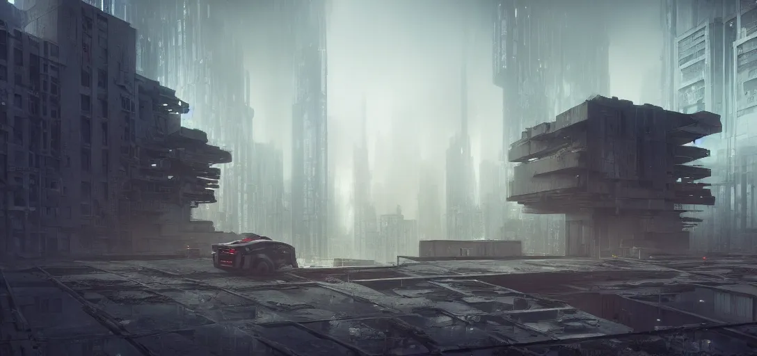 Prompt: view from the courtyard ground of a giant abandoned ruined blocky brutalist cyberpunk structure, dramatic fog, radiosity, shimmer, cinematic lighting, ultra detailed, sharp, ambient occlusion, raytracing, 3 d artstation render by bastien grivet, finnian macmanus and jessica rossier