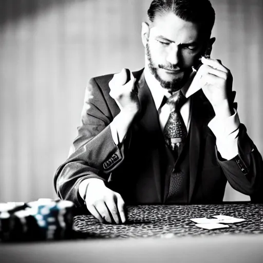 Image similar to monkey in a suit smoking a cigar and playing poker in a casino, 5 0 mm, black and white photo