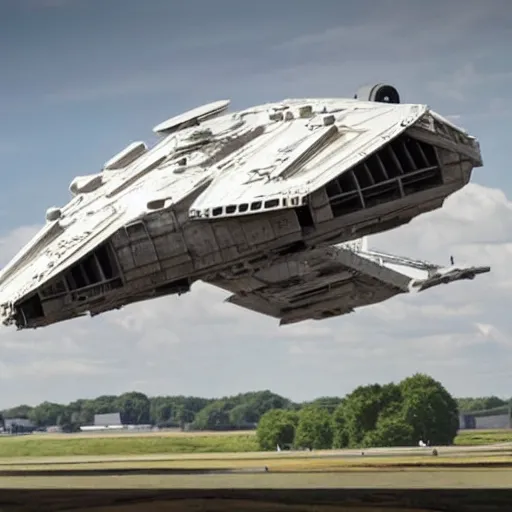 Prompt: the millennium falcon landing at heathrow airport.