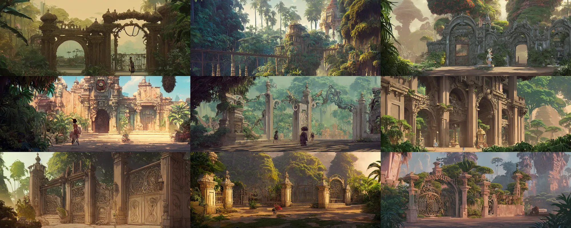 Prompt: a beautiful detailed architecture matte painting of ancient ornamental gate in the middle of tropical jungle cinematic landscape by studio ghibli, by greg tocchini, by james gilleard, by joe gb fenton, by kaethe butcher, dynamic lighting, vibrant, clean, grunge aesthetic, octane render, artstation
