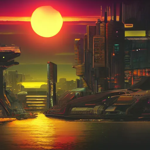 Prompt: cyberpunk world based on an island with sunset behind it