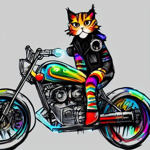 Image similar to wide angle full body, jacket wearing fluffy cute rainbow kitten wearing a black leather motorcycle jacket, riding on a motorcycle, cinematic concept art