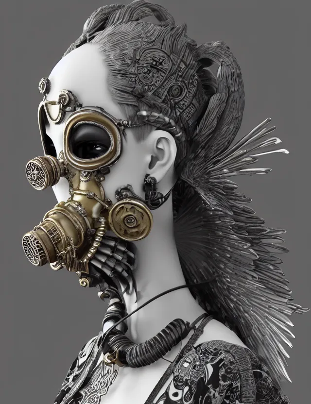 Image similar to 3 d goddess close - up profile punk portrait with vintage gas mask ram skull. beautiful intricately detailed japanese crow kitsune mask and clasical japanese kimono. betta fish, jellyfish phoenix, bio luminescent, plasma, ice, water, wind, creature, artwork by tooth wu and wlop and beeple and greg rutkowski