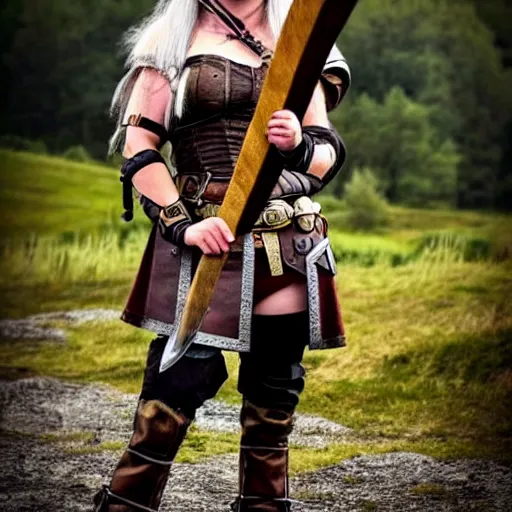 Prompt: full shot photo of a real-life steampunk female viking with an axe