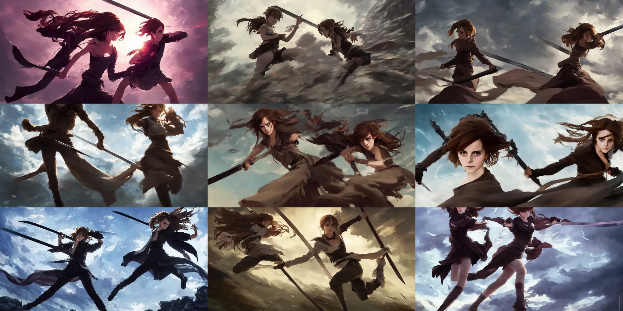 emma watson anime action poses foreshortening motion, Stable Diffusion