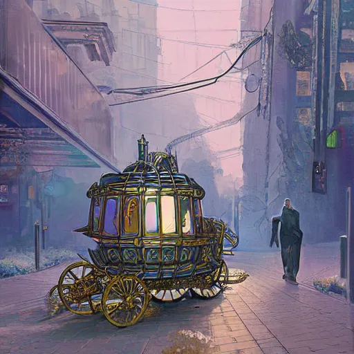 Prompt: painting of syd mead artlilery scifi parametric victorian carriage with ornate metal work lands on a sidewalk, filigree ornaments, volumetric lights, simon stalenhag