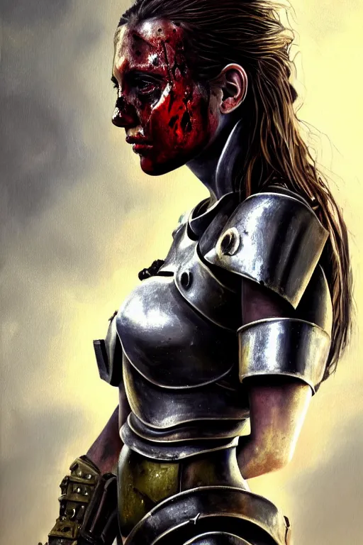 Image similar to a photorealistic painting of an attractive young girl, partially clothed in dirty metal-plated battle armor, spots of blood, olive skin, long dark hair, beautiful bone structure, symmetrical face, perfect eyes, intricate, elegant, digital painting, concept art, illustration, sharp focus, minimal artifacts, volumetric lighting, from Metal Gear, in the style of Ruan Jia and Mandy Jurgens and Greg Rutkowski, trending on Artstation, award winning