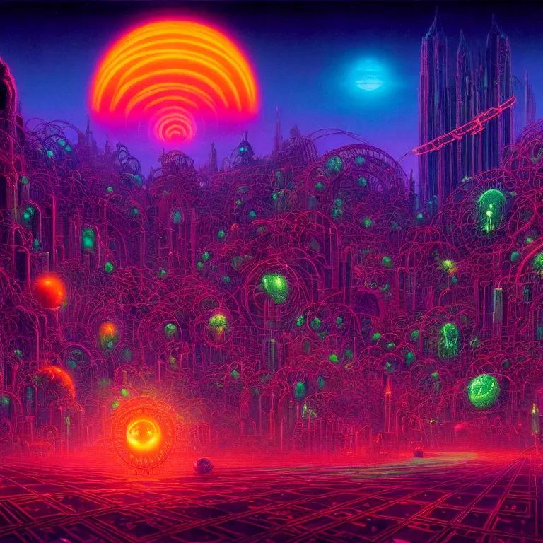 Image similar to mysterious astral city at night, glowing orbs, infinite sky, synthwave, bright neon colors, highly detailed, cinematic, tim white, philippe druillet, roger dean, ernst haeckel, lisa frank, michael whelan, kubrick, kimura, isono