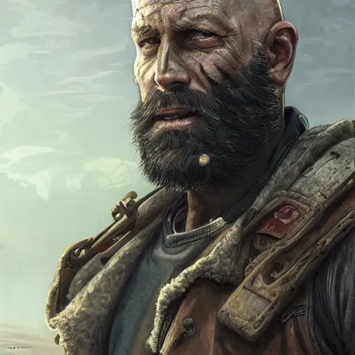 Image similar to portrait painting of a post apocalyptic man, bald, black beard, handsome, ultra realistic, concept art, intricate details, eerie, highly detailed, fallout, wasteland, photorealistic, octane render, 8 k, unreal engine 5. art by artgerm and greg rutkowski and alphonse mucha