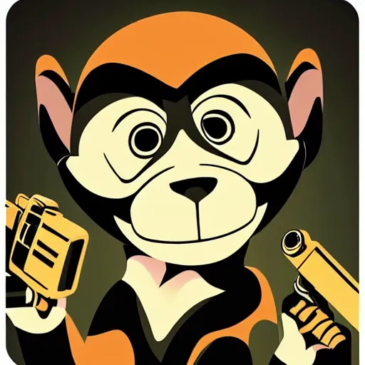 Image similar to “ logo of a monkey in the style of zootopia holding laser gun, with a black background, digital art, award winning, trending on art station, retro style ”