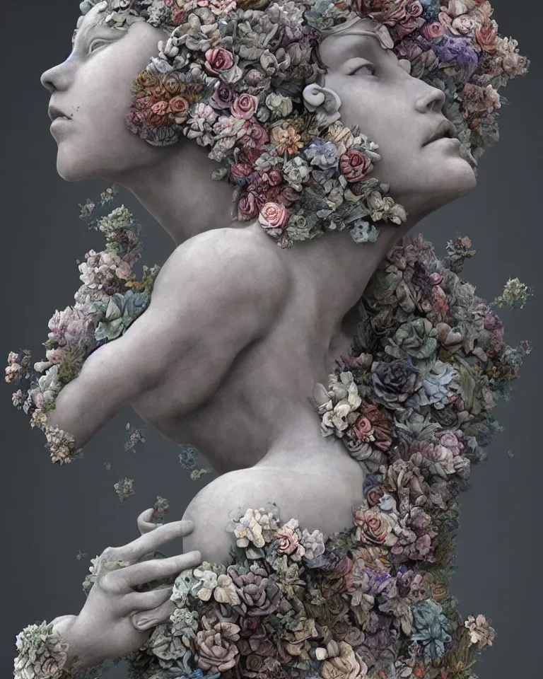 Prompt: a marble statue made of flowers made of mist, Andrew Ferez, Charlie Bowater, Marco Mazzoni, Seb McKinnon, Ryohei Hase, trending on cgsociety, featured on zbrush central, new sculpture, mystical