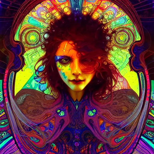 Prompt: An extremely colorful psychedelic experience, warping time and space, magic mushrooms, psilocybin, LSD, face, detailed, intricate, elegant, highly detailed, digital painting, artstation, concept art, smooth, sharp focus, illustration, art by Krenz Cushart and Artem Demura and alphonse mucha