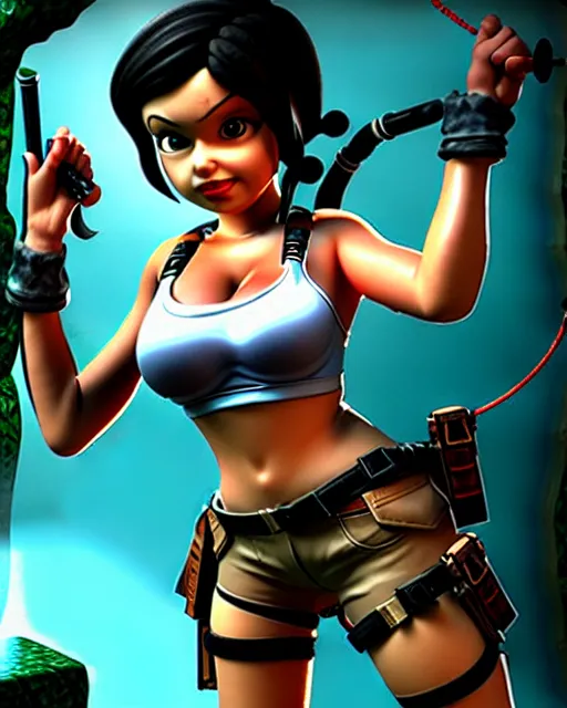 Image similar to uhd photorealisitc betty boop dresed as lara croft tomb raider,