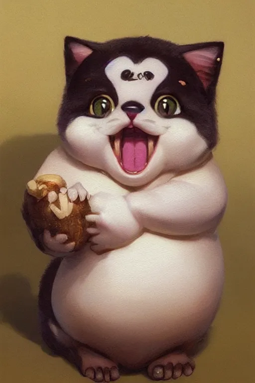 Prompt: a very cute kawai little fat baby cat smiling and proud from dr slump, beautiful painting by louis remy mignot, greg rutkowski, ilya repin, nice lighting, smooth tiny details, soft and clear shadows, low contrast, perfect