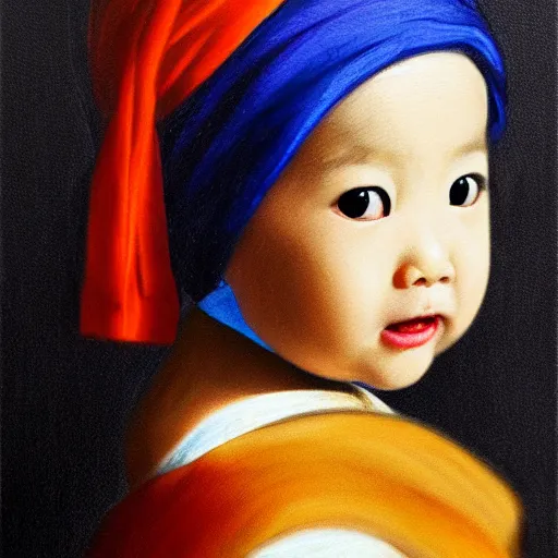 Image similar to A portrait of a lovely Asian baby girl imitating Girl with a Pearl Earring, detailed oil painting, dark background, 4k,