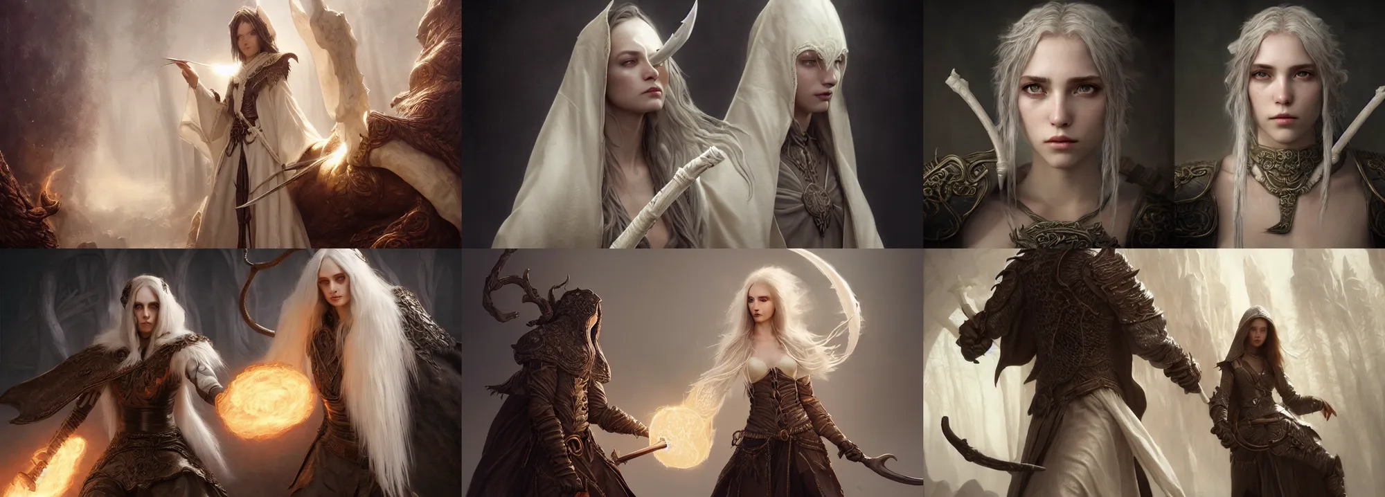 Prompt: ultrarealistic fantasy portrait young mage fighting, long ivory hair ivory eyes wearing ivory carved bone mantle gothic ivory bone cloak with leather details, bone plants, fantasy character octane render, substance painter, cinematic lighting, volumetric lighting, artstation, dnd art, cgsociety, sharp focus, digital painting by artgerm, gerald brom, wlop