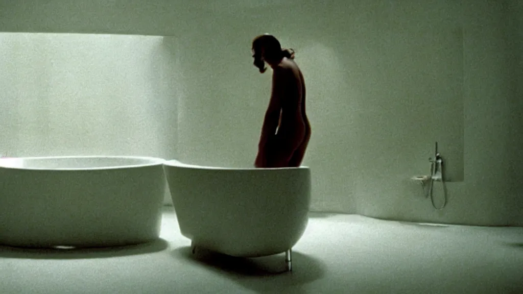 Prompt: the strange creature in a bathtub, film still from the movie directed by Denis Villeneuve with art direction by Salvador Dalí, wide lens