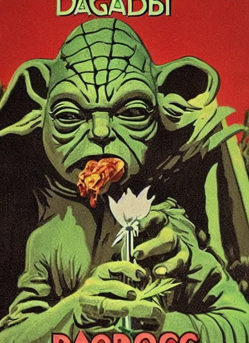 Image similar to vintage tourism poster for dagobah, depicting stoned yoda using force powers to smoke a blunt, surrounded by cannabis plants,