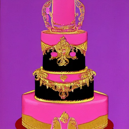 Prompt: fancy pink baroque cake with cherriee painting by greg hildebrandt light background