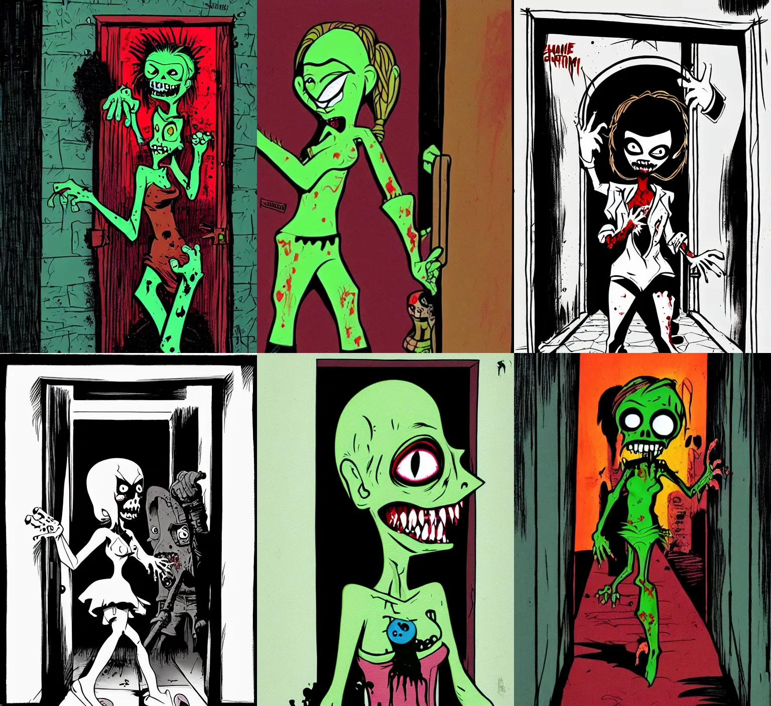 Prompt: zombie girl coming out of a dark hallway, detailed cartoon painting by jamie hewlett and genndy tartakovsky