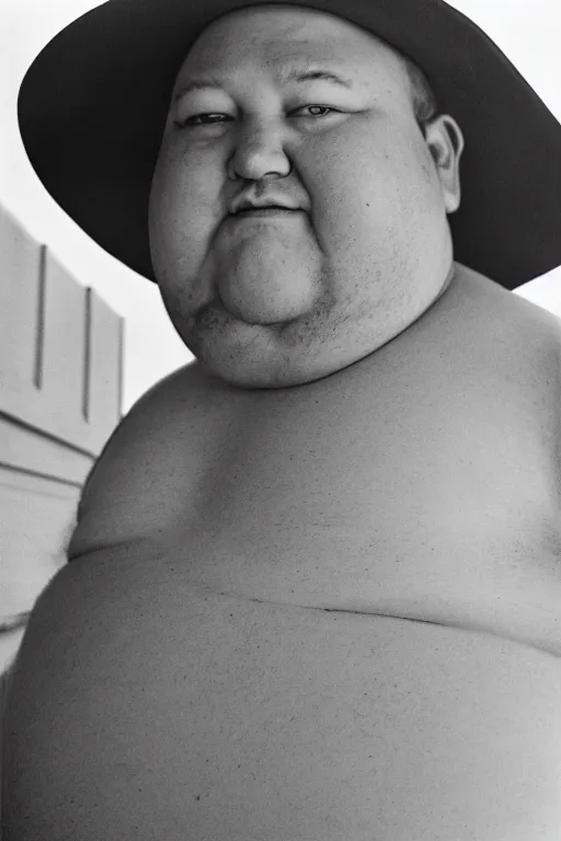 Prompt: close-up photography, portrait of fat man in white hat, soft light, 35mm, film photo, Joel Meyerowitz