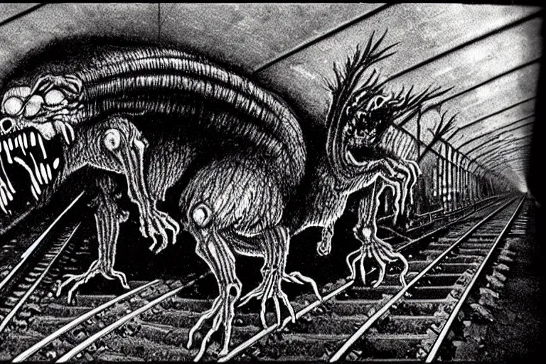 Image similar to very large giant mutant zombie irradiated ( angry rat ) staying on railways in tonnel of moscow subway. tonnel, railways, giant angry rat, furr, fangs, claws, very realistic. extreme long shot, 1 6 mm, herman nitsch and herman nitsch, giger.