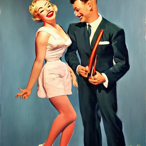 Image similar to painting of a 1950s dressed man smiling into a retro microphone by Gil Elvgren