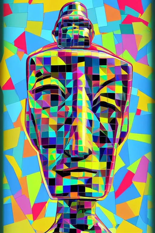 Image similar to cubist moai statue cutout digital illustration cartoon colorful beeple