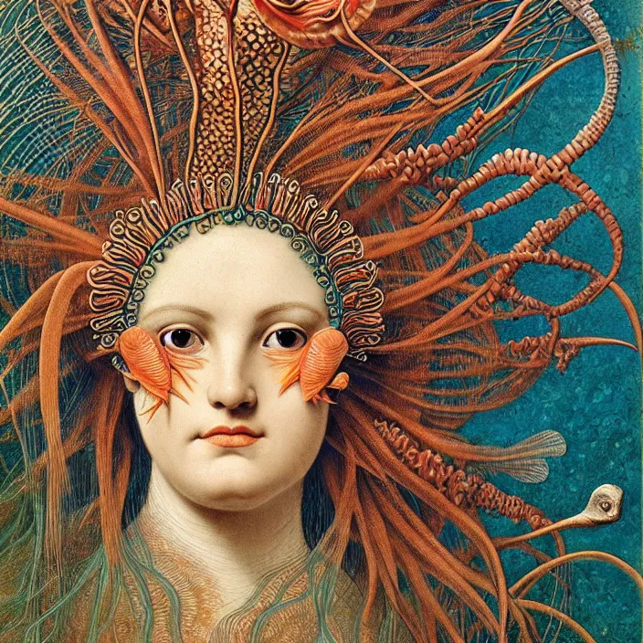 Image similar to realistic detailed face portrait of the goddess of the fish of the three times with an intricate headdress of corals, sea kelp, sea plants, fish, jellyfish, art by archimboldo and ernst haeckel, face in focus, neo - gothic, gothic,