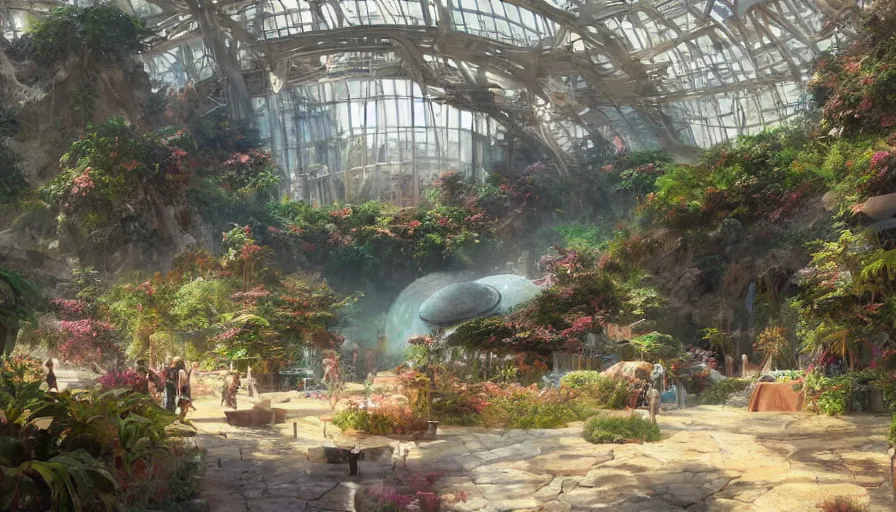 Prompt: craig mullins and ghibli digital illustration of the interior of the largest biodome in the world, colorful, unreal engine, hyper realism, realistic shading, cinematic composition, realistic render, octane render, detailed textures, photorealistic, wide shot,