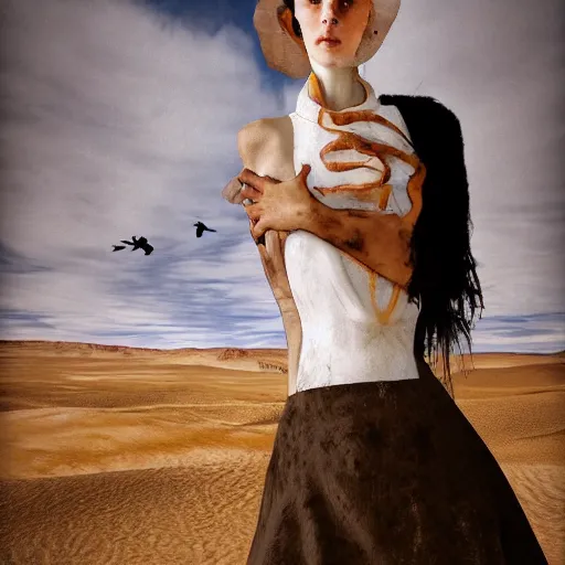 Prompt: a girl with white dress inside the desert some crows around her by egon schiele and michael angelo, baroque, neo Gothic,matte painting, baroque detailes,photo real,concept art,highly detailed,sharp lines, hdri, 4k