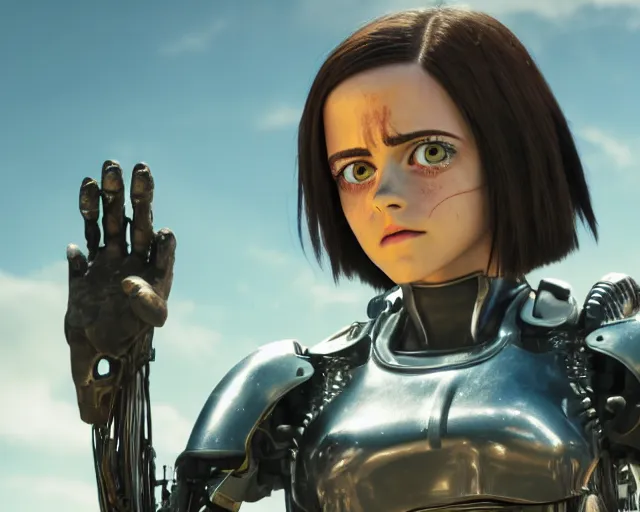 Image similar to a film still from battle angel alita played by actress emma watson, futuristic, cinematic lighting, photorealistic, lifelike, highly detailed, photorealistic, hyperrealistic, high resolution, 4 k