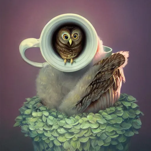 Image similar to long shot of a very cute owl chick nesting in a very romantique cup, by esao andrews, by james jean, marc simonetti, by victo ngai, humorous illustration, hyperrealistic, big depth of field, fresh colors, dim light, 3 d octane render conceptart, 4 k, hyperdetailed, trending on artstation